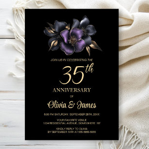 35e för Black Lila Grått Blommigt- Inbjudningar