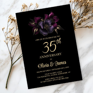 35e för Black Lila Rosa Blommigt- Inbjudningar