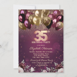 35en Burgundy Glitter Balloons Flowers Birthday Inbjudningar