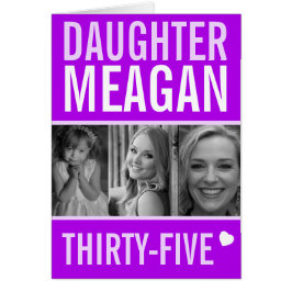 35ens födelsedag tre foto lila dotter OBS kort