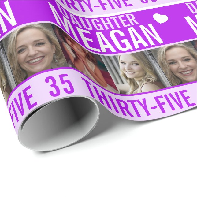 35ens födelsedag tre foto lila dotter presentpapper (Rullad Hörn)