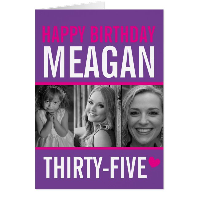 35ens födelsedag tre foton shock rosa vit lila OBS kort (Framsidan)