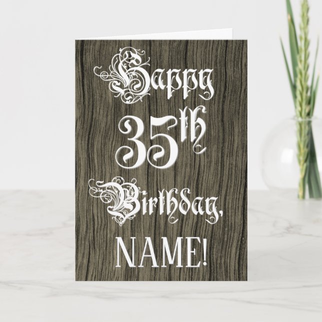 35th Birthday: Fancy, Elegant Text; Faux Wood Look Kort (Framsida)