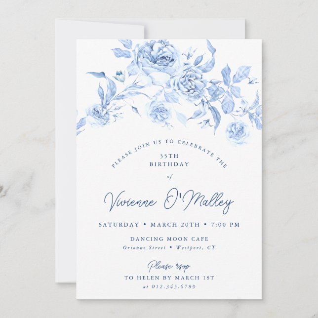 35th Birthday Party Dusty Blue Floral Inbjudningar (Framsida)