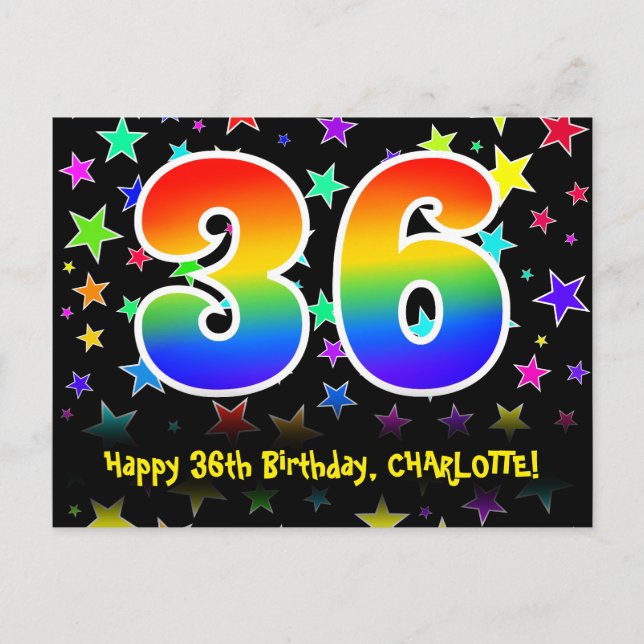 36-årsdag: Roligt stjärnmönster, regnbåge 36, namn Vykort (Framsida)