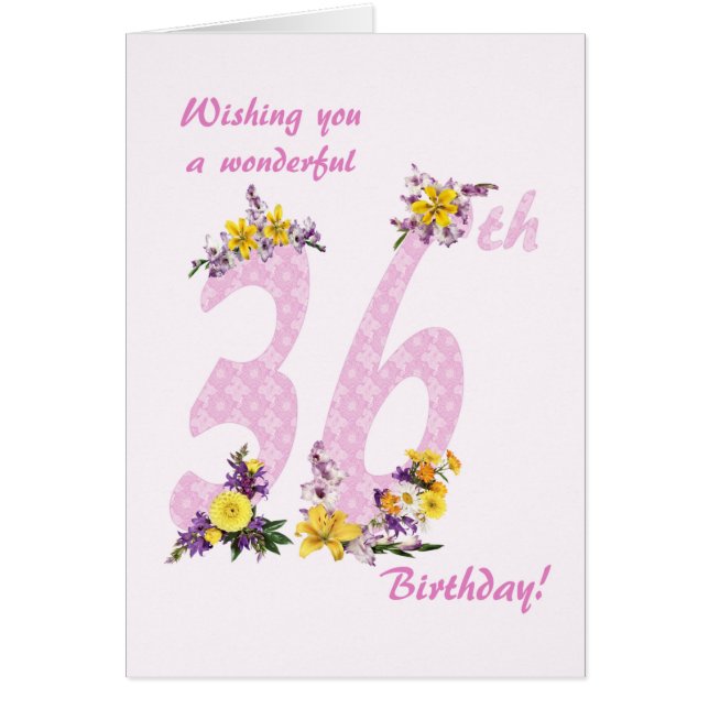 36:e födelsedag Flower Decorated Numbers Hälsningskort (Framsidan)
