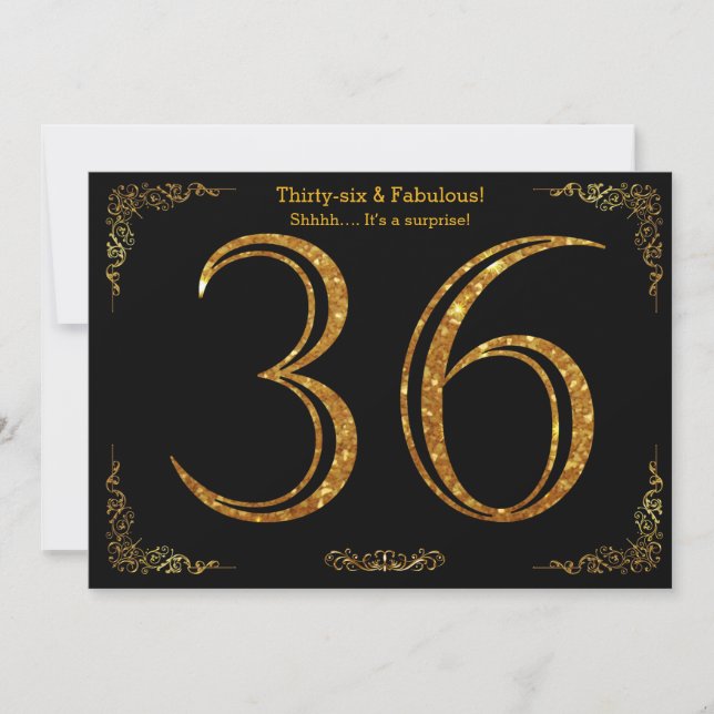 36:e Födelsedagsfesten,Gatsby styl,svart guld glit Inbjudningar (Framsida)