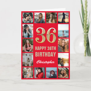 36:e Grattis på födelsedagen Red and Guld Photo Co Kort