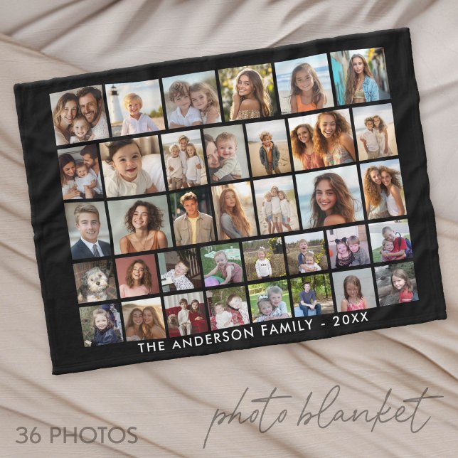 36 Photo Collage - modern grid - black Fleecefilt (Photo Blanket - Custom Pictures in a Collage)