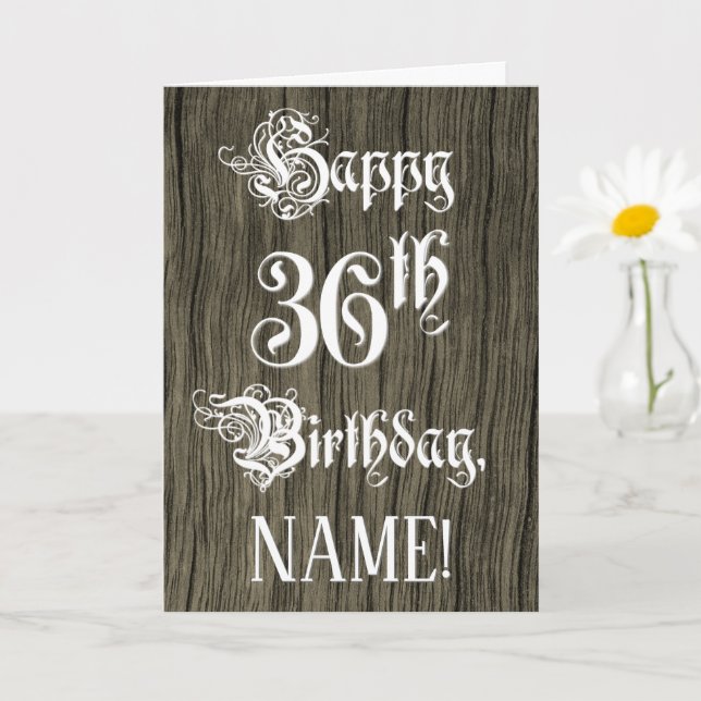 36th Birthday: Fancy, Elegant Text; Faux Wood Look Kort (Liten växt)
