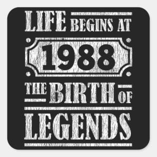 37 år gammal 1988 Legend 37:e födelsedagen Fyrkantigt Klistermärke