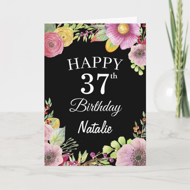 37-års födelsedag Vattenfärg Blommor Svart Kort (Framsida)