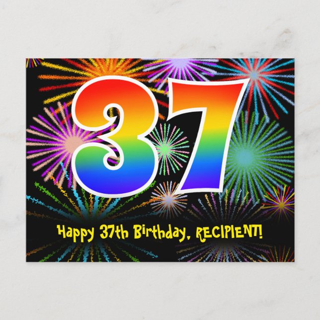 37-årsdag – Roligt fyrverkerimönster + Regnbåge 37 Vykort (Framsida)