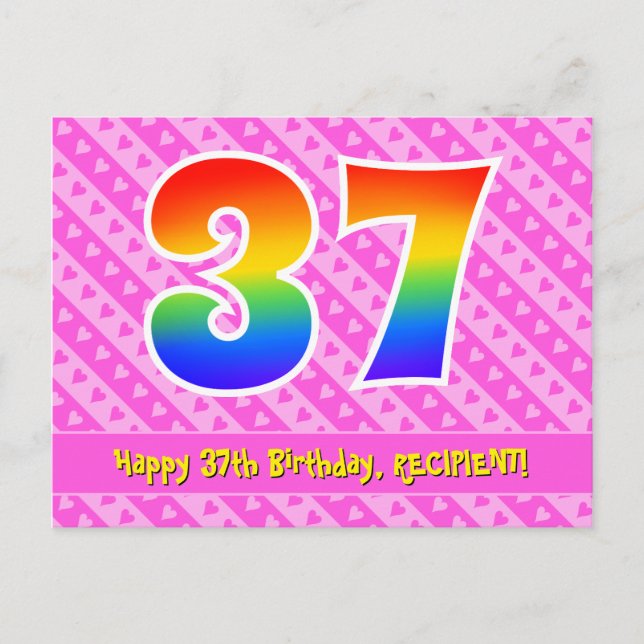 37-årsdag: Rosa ränder & hjärtan, regnbåge 37 Vykort (Framsida)