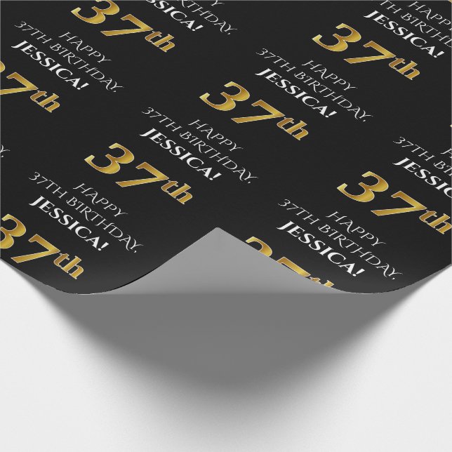 37:e födelsedag: Elegant, svart, faux Guld-utseend Presentpapper (Hörn)
