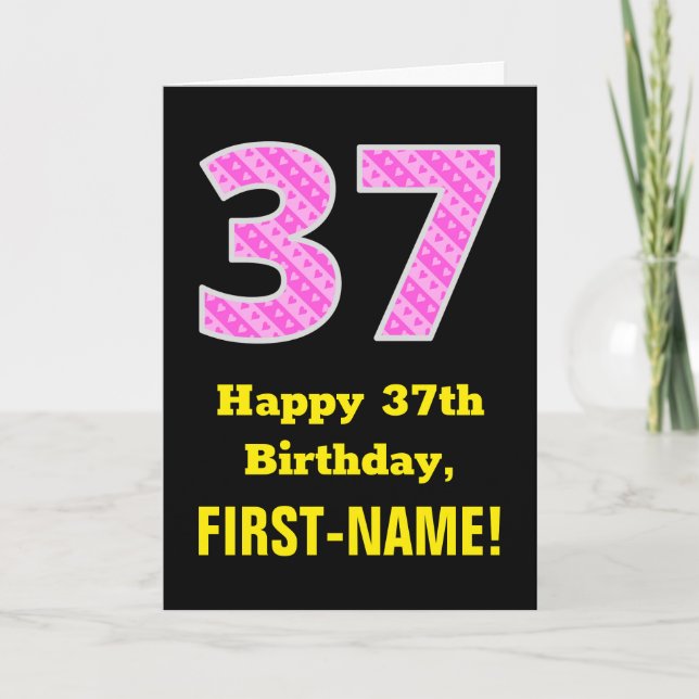 37:e födelsedag: Rosa Rand och örter "37" + Namn Kort (Framsida)