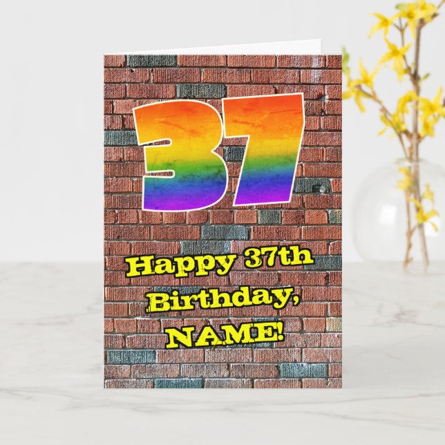 37:e födelsedagen: Roligt Graffiti-Inspired Rainbo Kort (Gul blomma)