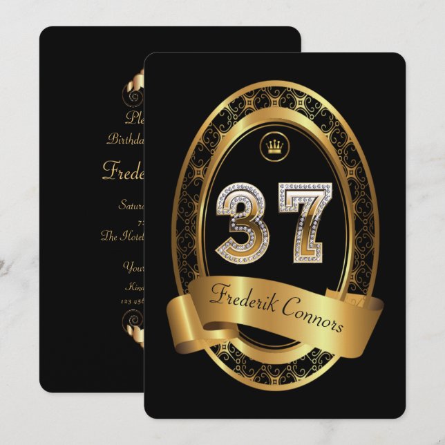 37:e, födelsedagsfest kvinnlig man,elegant färg inbjudningar (Fram/baksida)