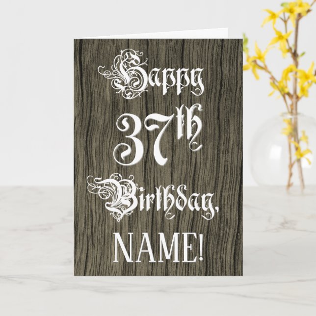 37th Birthday: Fancy, Elegant Text; Faux Wood Look Kort (Gul blomma)