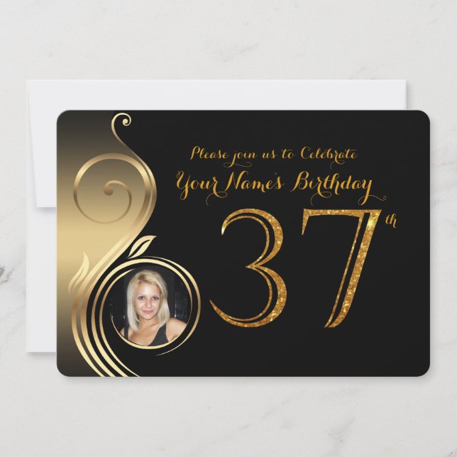 37th födelsedaginbjudan, numrerar glitterguld, inbjudningar (Framsida)