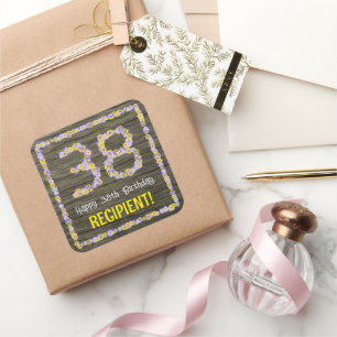 38:e födelsedag: Blommigt nummer, Faux Wood look,  Fyrkantigt Klistermärke
