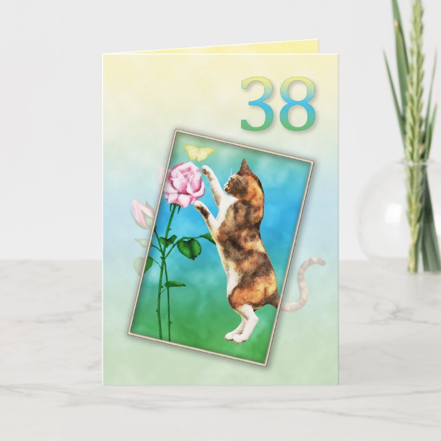 38:e födelsedagen med lekfull katt kort (Framsida)