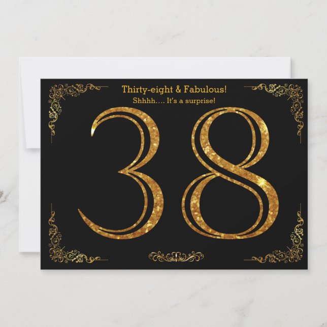 38:e Födelsedagsfesten,Gatsby styl,svart guld glit Inbjudningar (Framsida)
