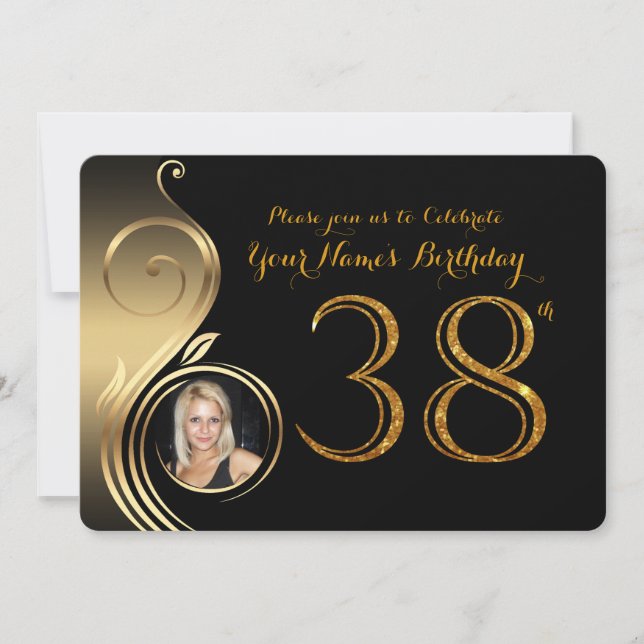 38:e,Födelsedagsinbjudan,Nummer Glitter Guld,Foto Inbjudningar (Framsida)