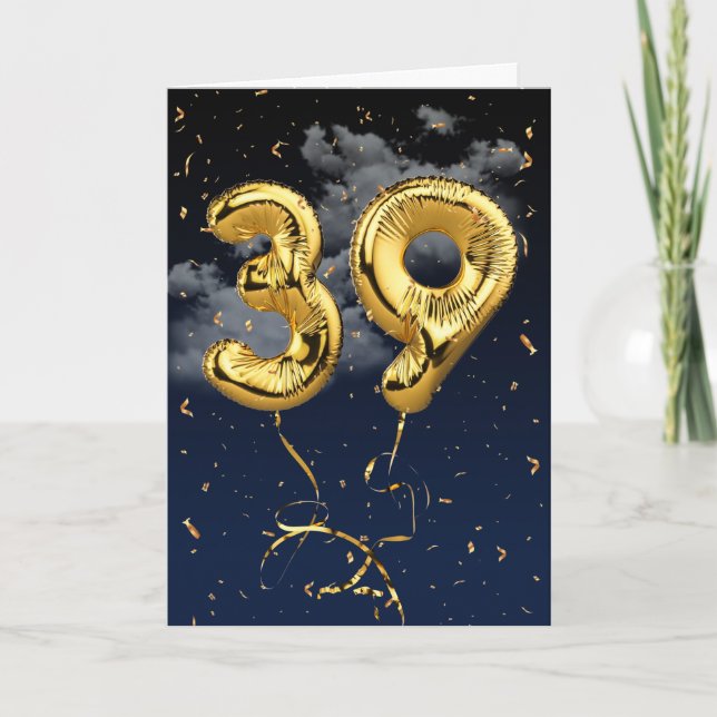 39-årsdag Guld Mylar-ballong och Konfettikort Kort (Framsida)