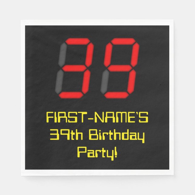 39-årsdag: Röd digital klockstil "39" + Namn Pappersservett (Framsidan)