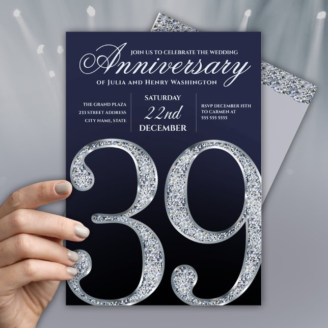 39-årsjubileum Diamant Silver Marinblå Inbjudningar (Skapare uppladdad)