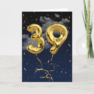 39:e födelsedag Guld Mylar Balloon och Konfetti Ca Kort