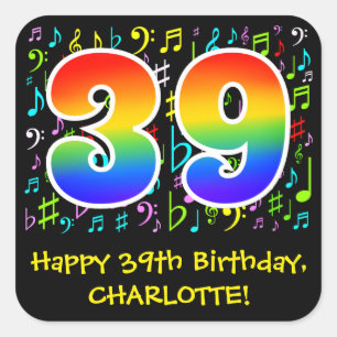 39:e födelsedagen: Colorful Music Symbols, Rainbow Fyrkantigt Klistermärke