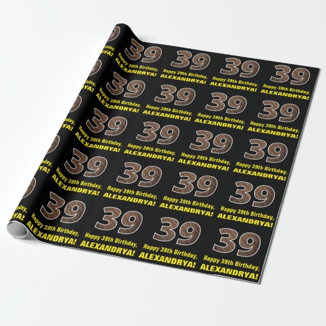 39:e födelsedagen: Namn & Faux Wood Grain Mönster  Presentpapper (Utrullad)