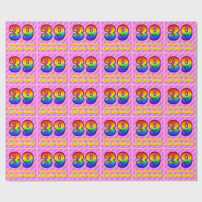 39:e födelsedagen: Rosa Rand & Hearts, regnbåge nr Presentpapper (Platt)