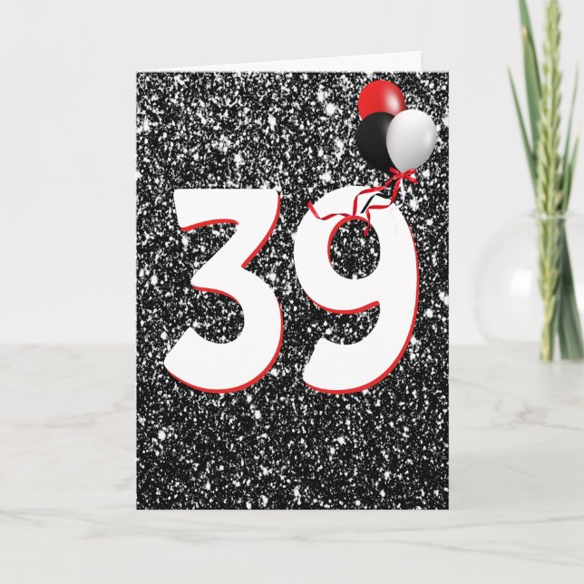 39:e födelsedagsbubblor på svarta Glitter-kortet Kort (Framsida)