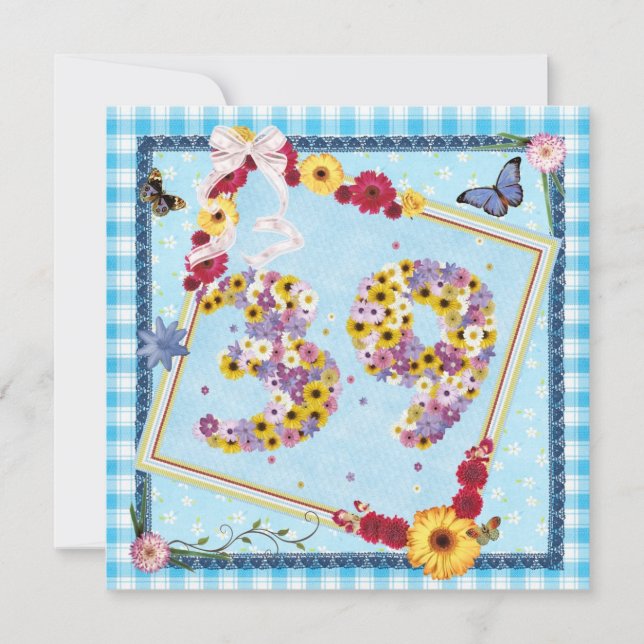 39:e Födelsedagsfest inbjudan-blommor,fjärilar Inbjudningar (Framsida)