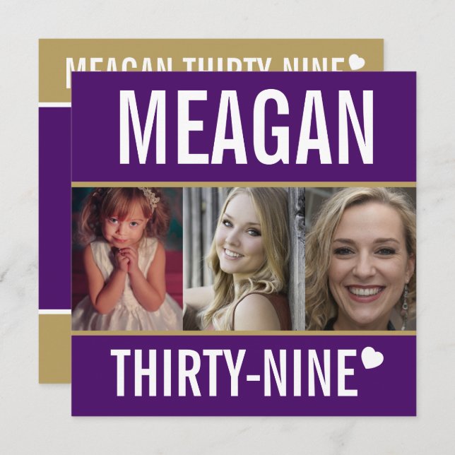 39:e födelsedagsfestens händelse, vit lila guld-fo inbjudningar (Fram/baksida)