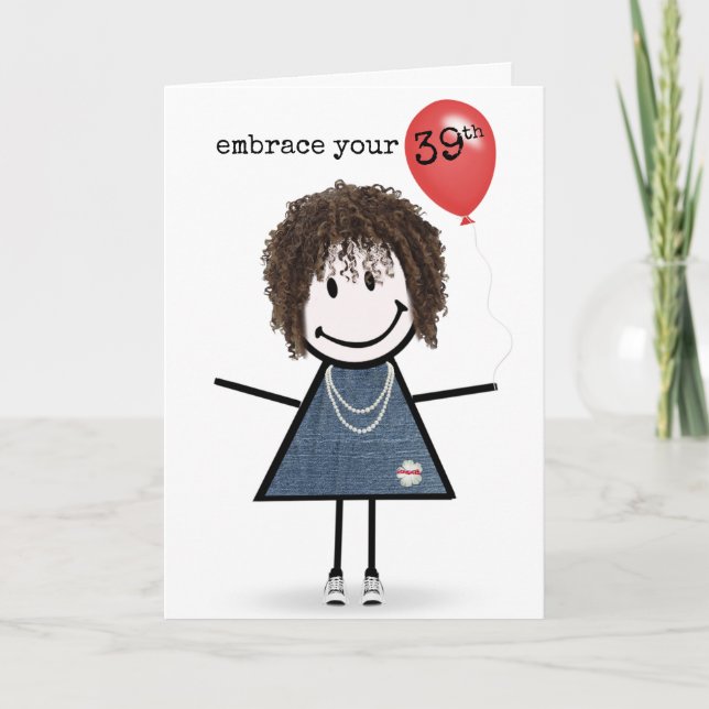 39:e födelsedagsflicka med röd ballong kort (Framsida)