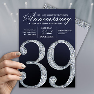 39th Anniversary Diamond Silver Navy Blue Inbjudningar