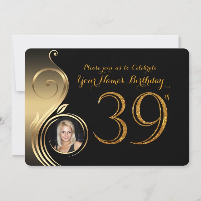 39th födelsedaginbjudan, numrerar glitterguld, inbjudningar (Framsida)