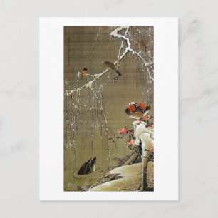 3 雪 中 鴛 図, 若 冲 Mandarin Anka i Snö, Jakuchau Vykort