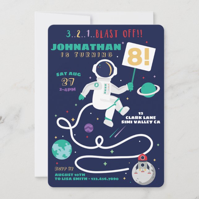 3 2 1 Blast off Birthday Astronaut Space Tema Inbjudningar (Framsida)