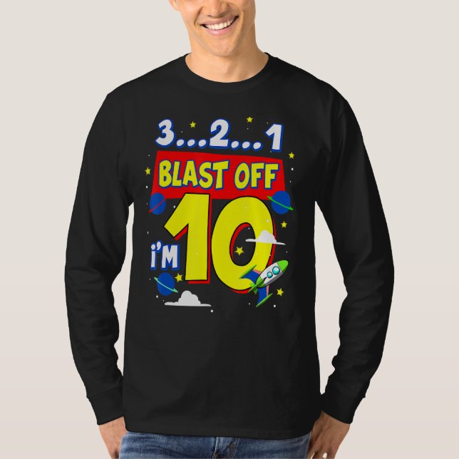3 2 1 Blast off-Födelsedagsfest, 10 år gammal T Shirt (Framsida)