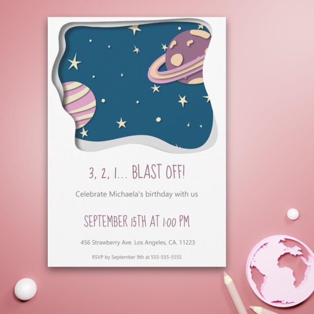 3 2 1 Blast off Galaxy Theme Girl First Birthday Inbjudningar (Blast off pink and purple galaxy space girl first birthday invitation)