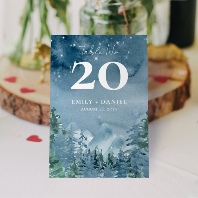 3.5x5.0 Mörk Dusk Blue Mountain Bröllop budget Bordsnummer (Dark Dusk Blue Mountain Wedding or Event Table Numbers Budget Friendly 3.5x5.0 Option)
