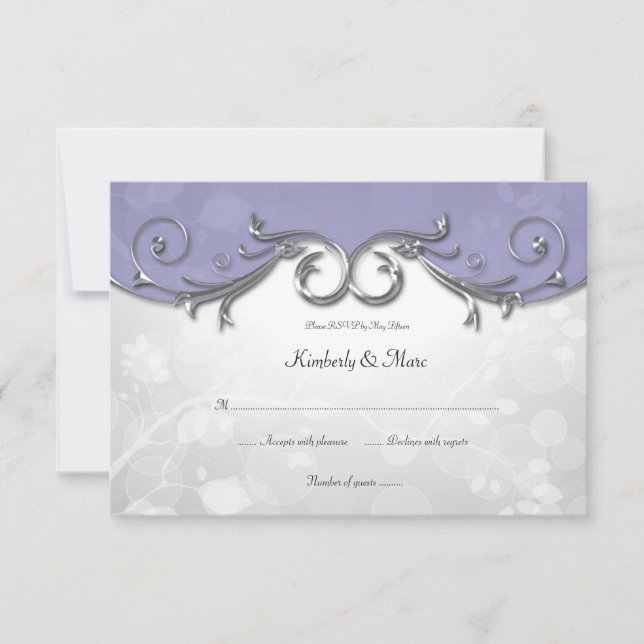 3,5x5 Elegant Lila Silverblad Overlägg RSVP OSA Kort (Framsida)