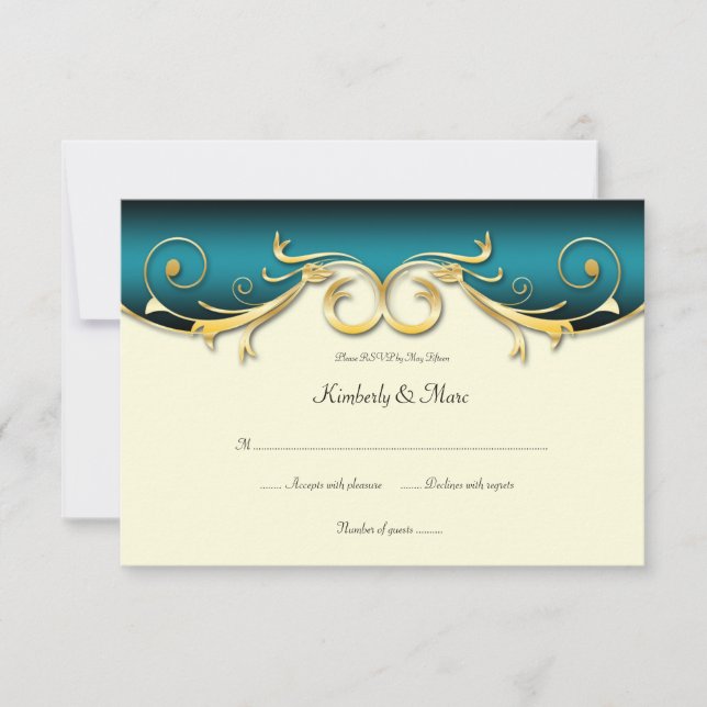3,5x5 Elegant Teal Guld RSVP OSA Kort (Framsida)