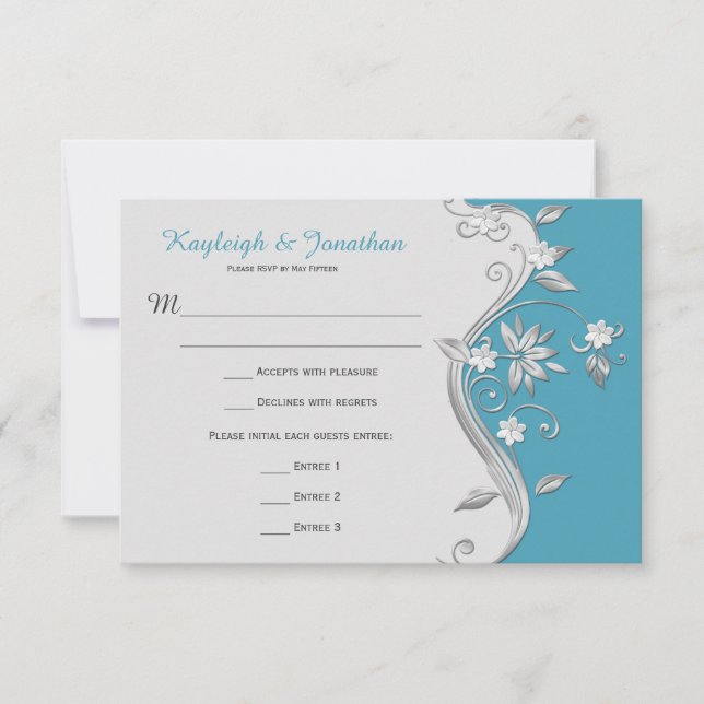 3,5x5 utsmyckade teal och silver blomstervarv RSVP Inbjudningar (Framsida)