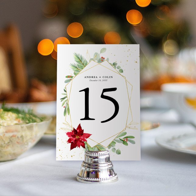 3.5x5 Vattenfärg Helgdag Greenery Budget Bord Bordsnummer (Holiday Party or Christmas Wedding Table Numbers | Holiday Greenery, Gold Speckles, Red Poinsettia)